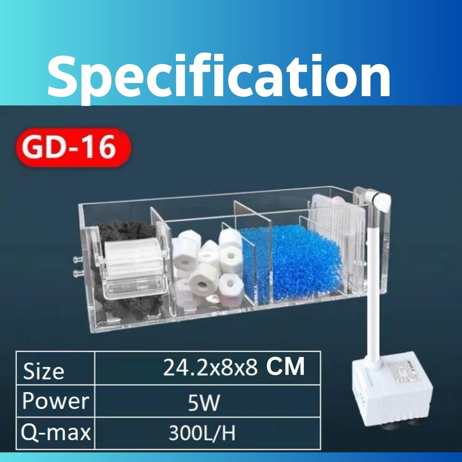 VAYINATO® GD-16|5W|300L/Hr Transparent Acrylic 3 Layer Top Sump Filter